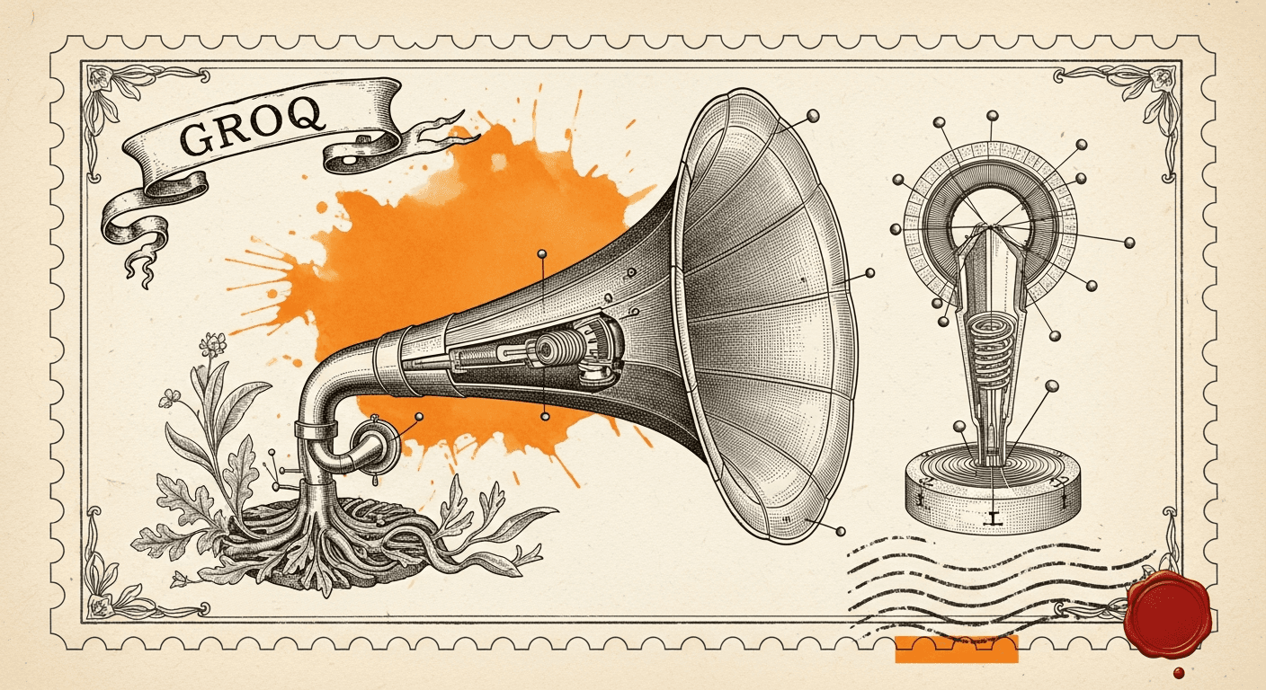 Giant Antique Postage Stamp style editorial illustration for the news article: Groq Introduces Dialog Model for Fast Text-to-Speech AI Builds
