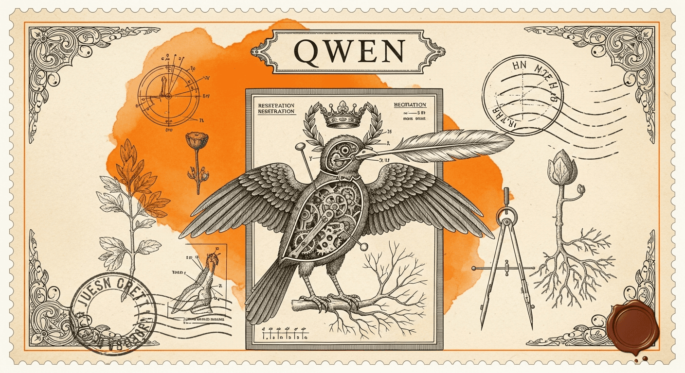 Giant Antique Postage Stamp style editorial illustration for the news article: Alibaba releases closed Qwen 3.6-Max-Preview topping six coding benchma