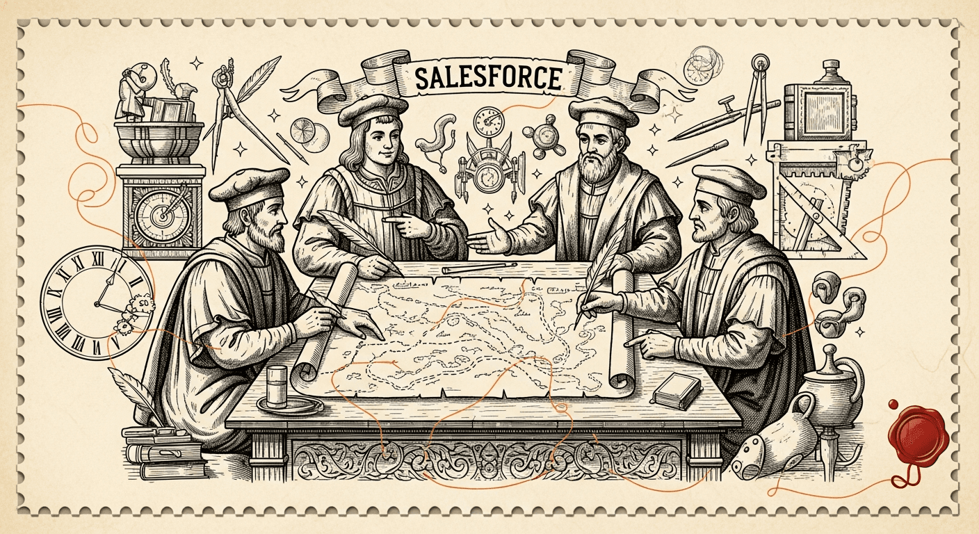 Giant Antique Postage Stamp style editorial illustration for the news article: Salesforce Crowdsources AI Roadmap from Customers