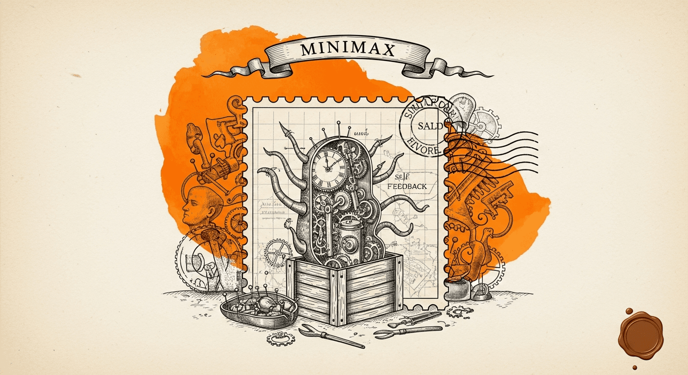 Giant Antique Postage Stamp style editorial illustration for the news article: MiniMax open-sources M2.7 agent model with 56.22 on SWE-Pro