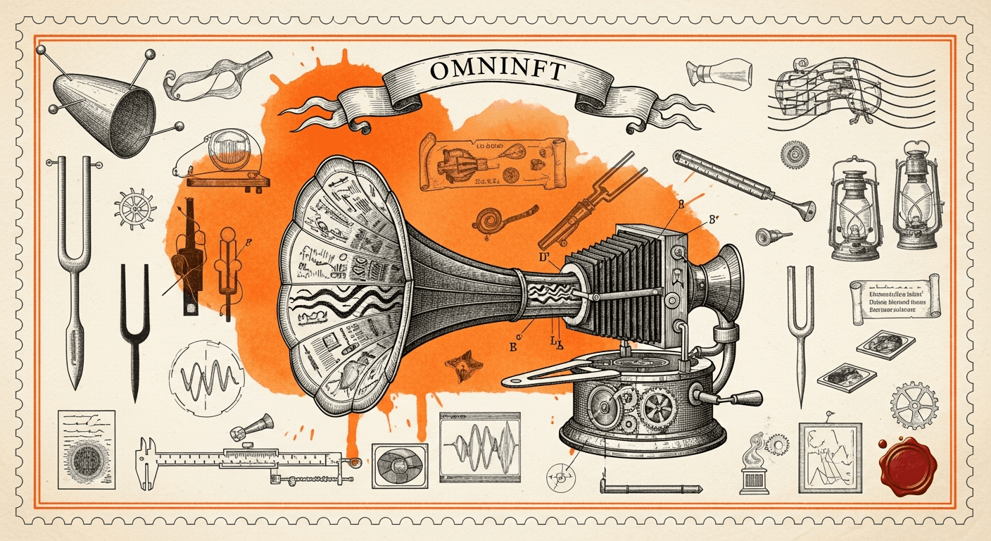 Giant Antique Postage Stamp style editorial illustration for the news article: OmniNFT: Modality-Wise Omni Diffusion Reinforcement for Audio-Video Gen