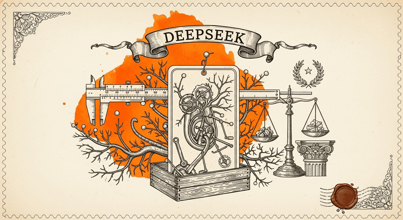 Giant Antique Postage Stamp style editorial illustration for the news article: DeepSeek previews new AI models closing gap with frontier models