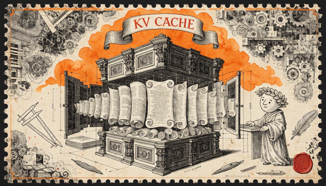 Giant Antique Postage Stamp style editorial illustration for the news article: Researchers Propose KV Cache Eviction for Long-Context AI Models