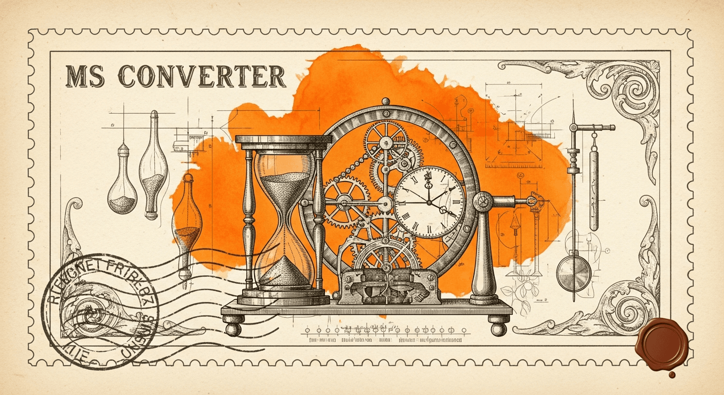 Giant Antique Postage Stamp style editorial illustration for the news article: Millisecond Converter Tool Converts LLM Prompt Durations to Seconds and