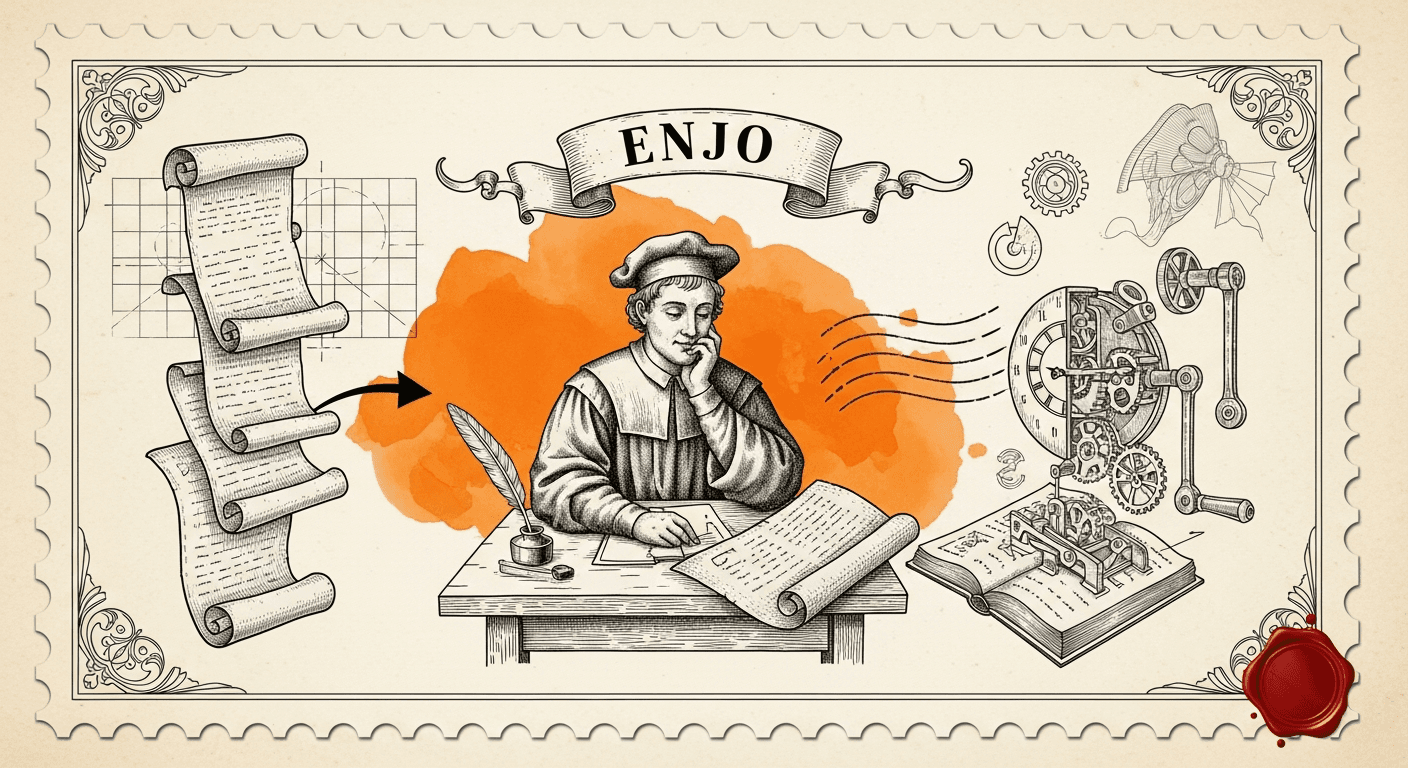 Giant Antique Postage Stamp style editorial illustration for the news article: Enjo Help Center auto-builds docs from team discussions