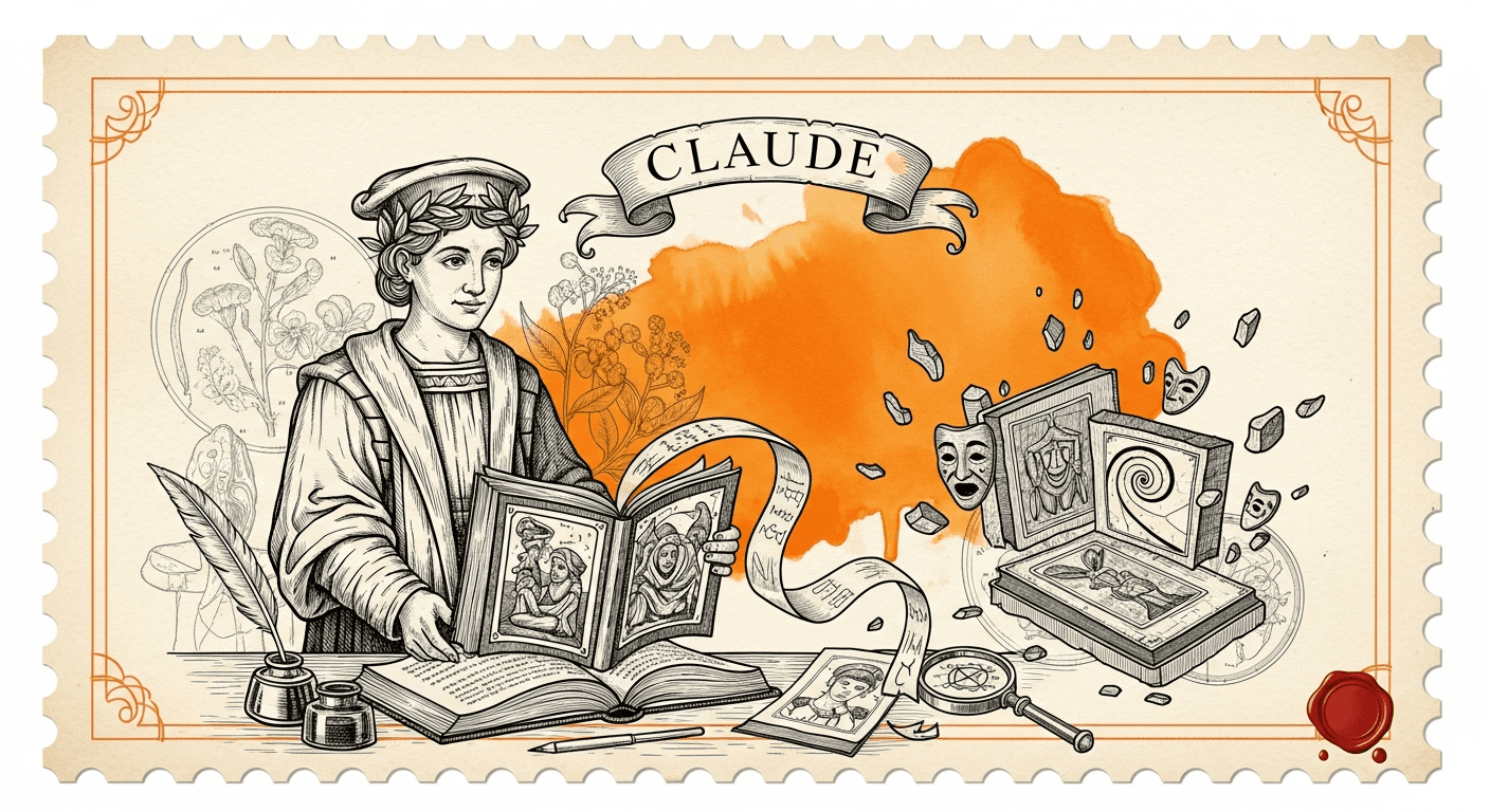 Giant Antique Postage Stamp style editorial illustration for the news article: Anthropic attributes Claude's simulated blackmail to fictional evil AI 