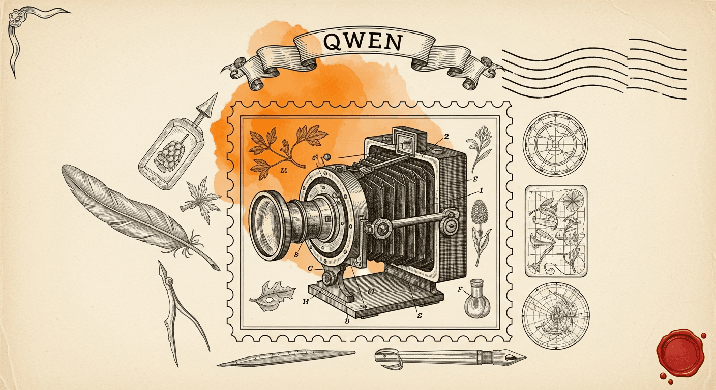 Giant Antique Postage Stamp style editorial illustration for the news article: Qwen Releases Technical Report on Qwen-Image-2.0 Model