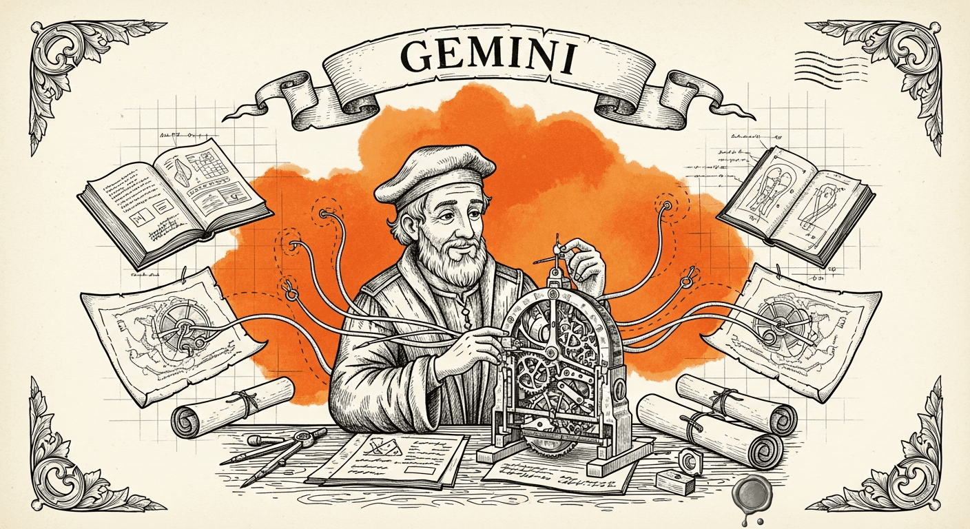 Pressed Ink Seal / Typewriter Imprint style editorial illustration for the news article: Google Adds Gemini Auto-Browse to Enterprise Chrome