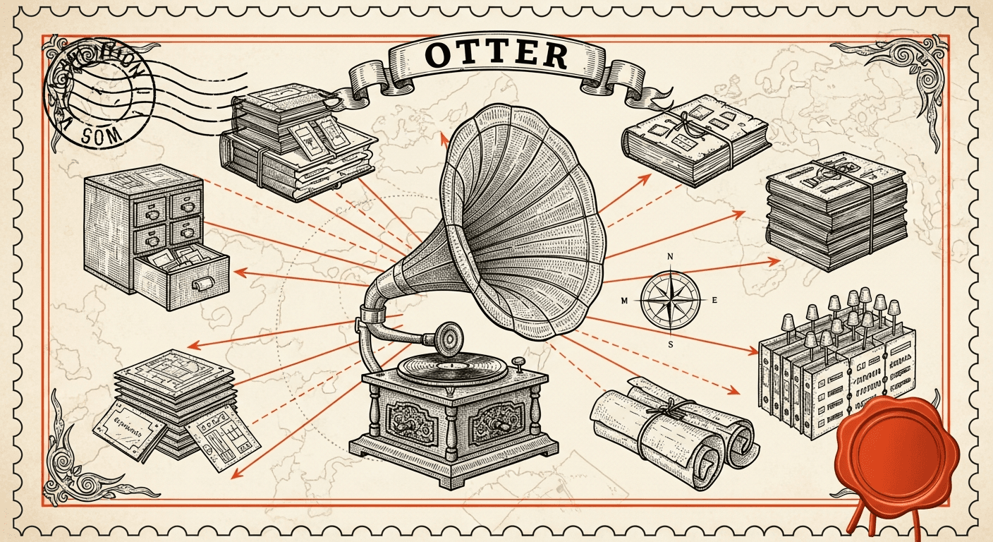 Giant Antique Postage Stamp style editorial illustration for the news article: Otter launches search across Notion, Gmail, Drive, Jira, Salesforce