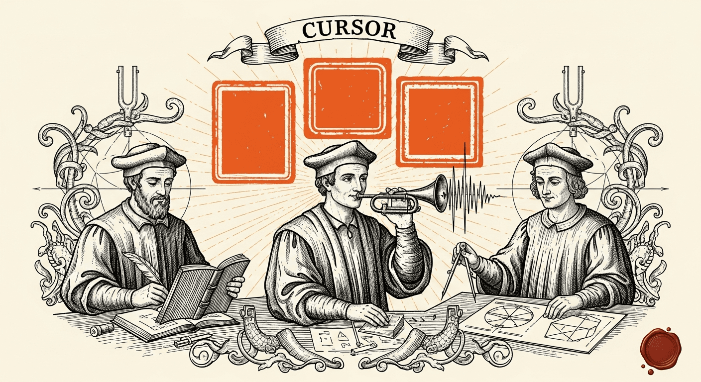 Pressed Ink Seal / Typewriter Imprint style editorial illustration for the news article: Cursor 3.1 Adds Tiled Layout, Upgraded Voice Input