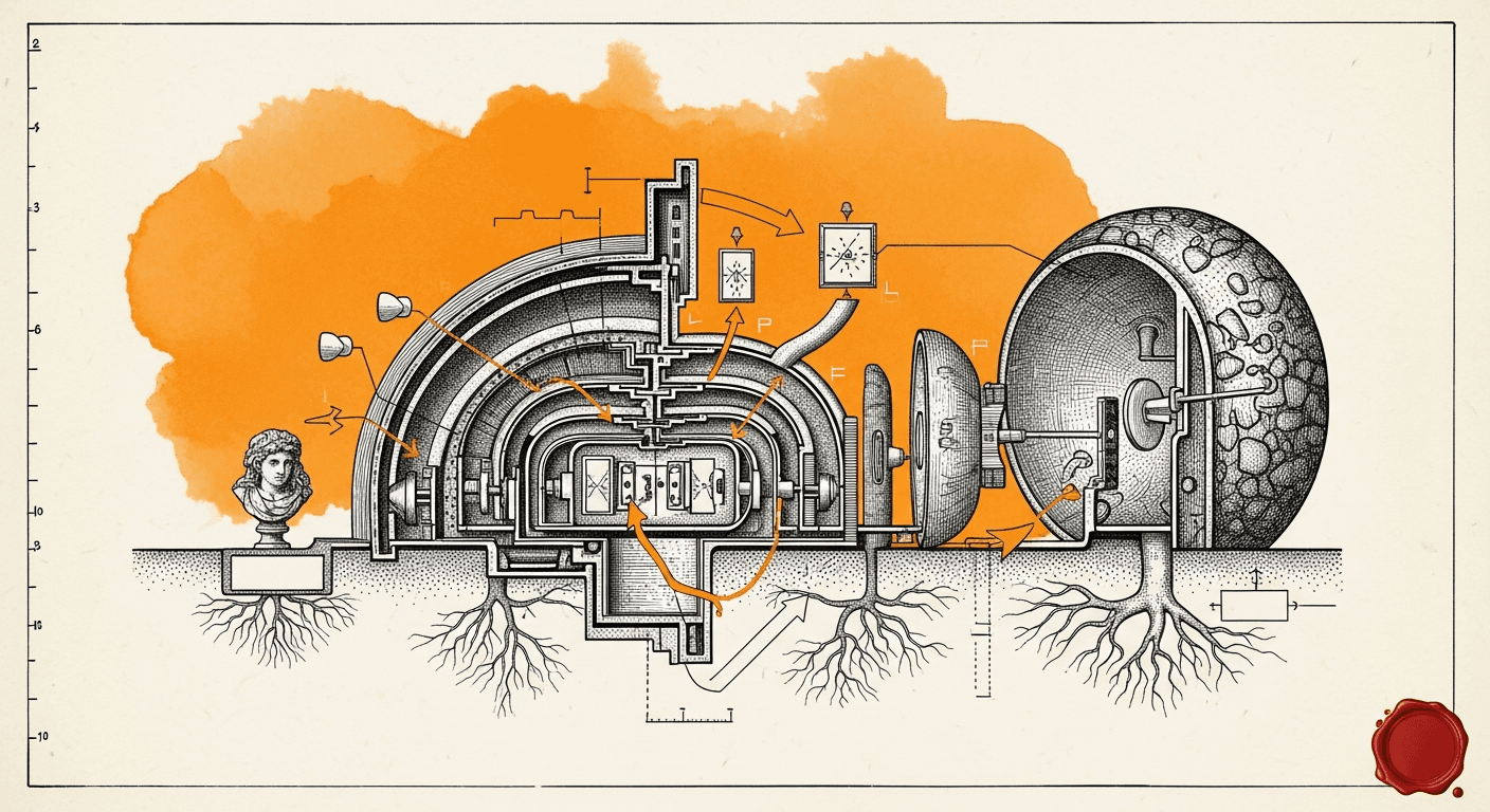 Antique Anatomical / Mechanical Diagram style editorial illustration for the news article: Claude Fable 5 model, Cursor cloud agents, and Codex CLI re