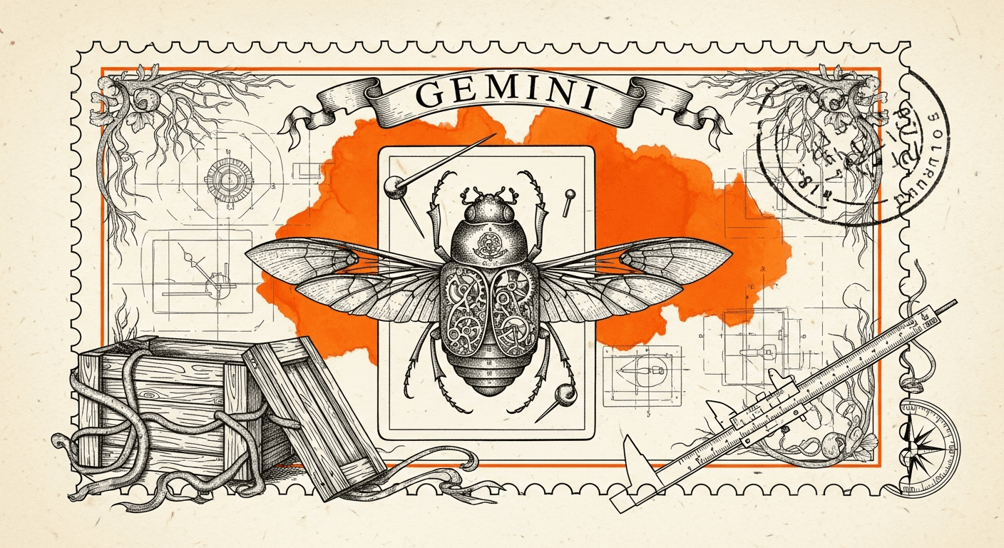 Giant Antique Postage Stamp style editorial illustration for the news article: llm-gemini 0.31 released with stable Gemini 3.1 Flash-Lite