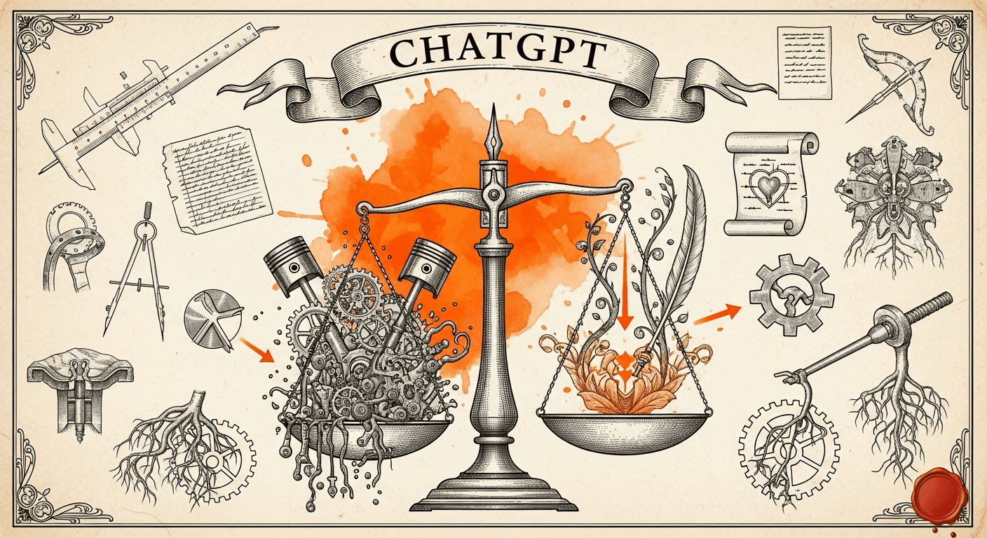 Antique Anatomical / Mechanical Diagram style editorial illustration for the news article: Nilay Patel Essay: Public Resists Automation Despite ChatGP