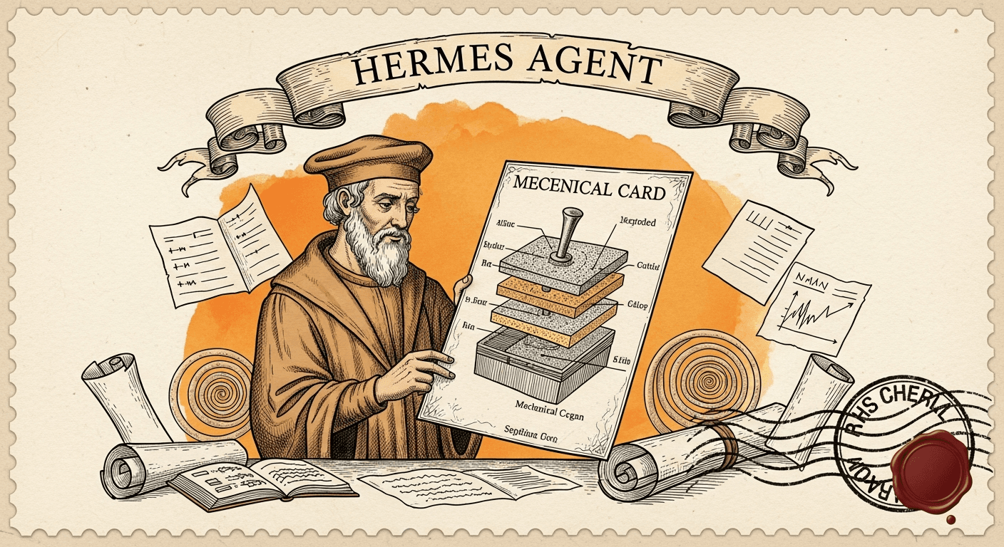 Giant Antique Postage Stamp style editorial illustration for the news article: Nous Research releases Hermes Agent v0.10.0 with 118 skills, learning l