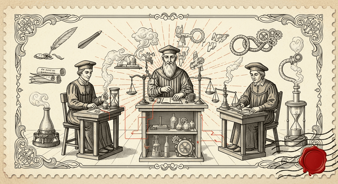 Giant Antique Postage Stamp style editorial illustration for the news article: Anthropic adds dreaming, outcomes, multiagent orchestration to Claude M