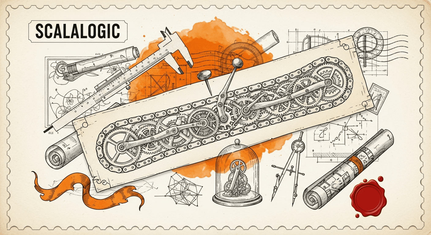 Giant Antique Postage Stamp style editorial illustration for the news article: ScaleLogic: a new framework for testing long-horizon LLM reasoning