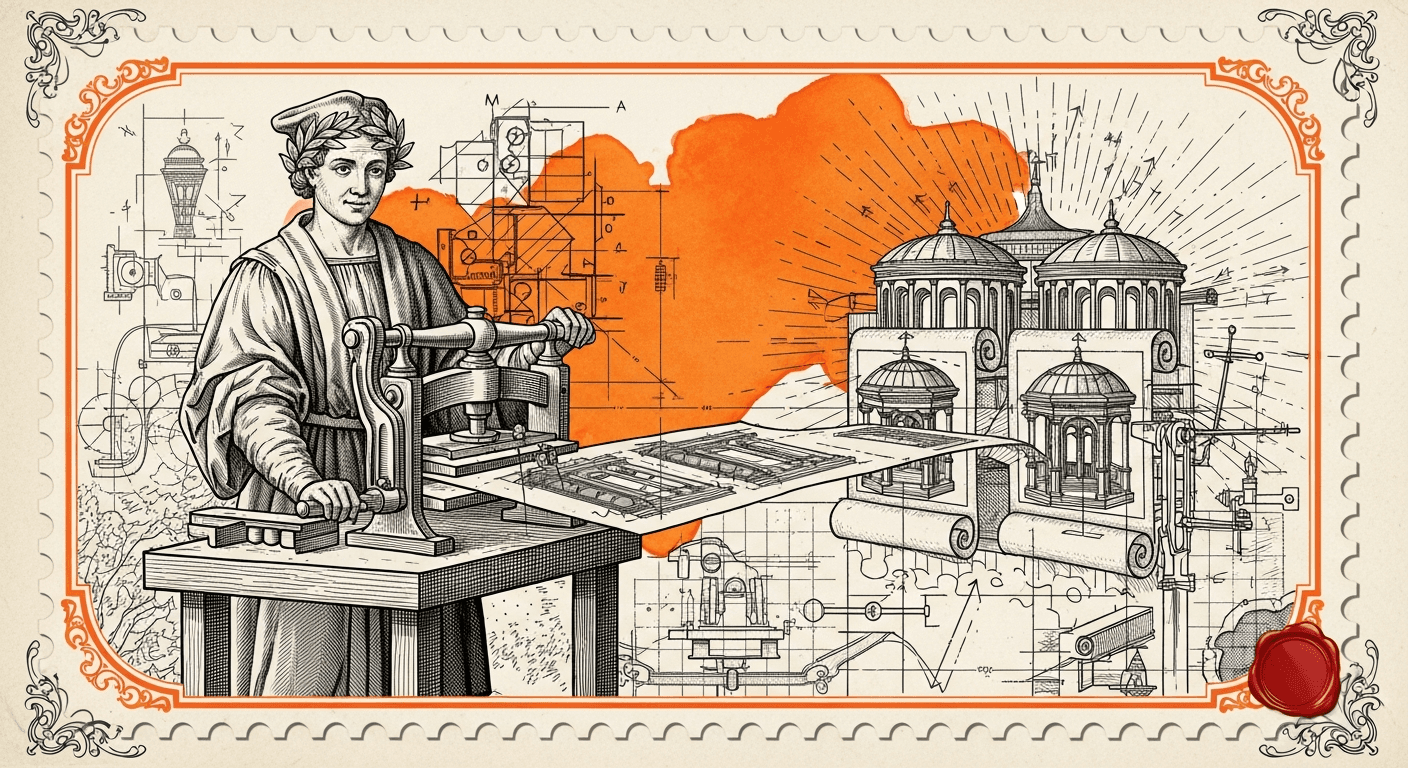 Giant Antique Postage Stamp style editorial illustration for the news article: Manus AI adds a 'copy' feature for duplicating user-built websites