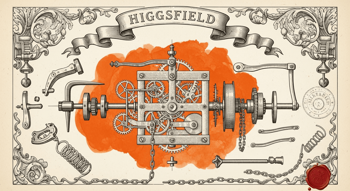 Pressed Ink Seal / Typewriter Imprint style editorial illustration for the news article: Higgsfield Launches Supercomputer for Creative Pipelines
