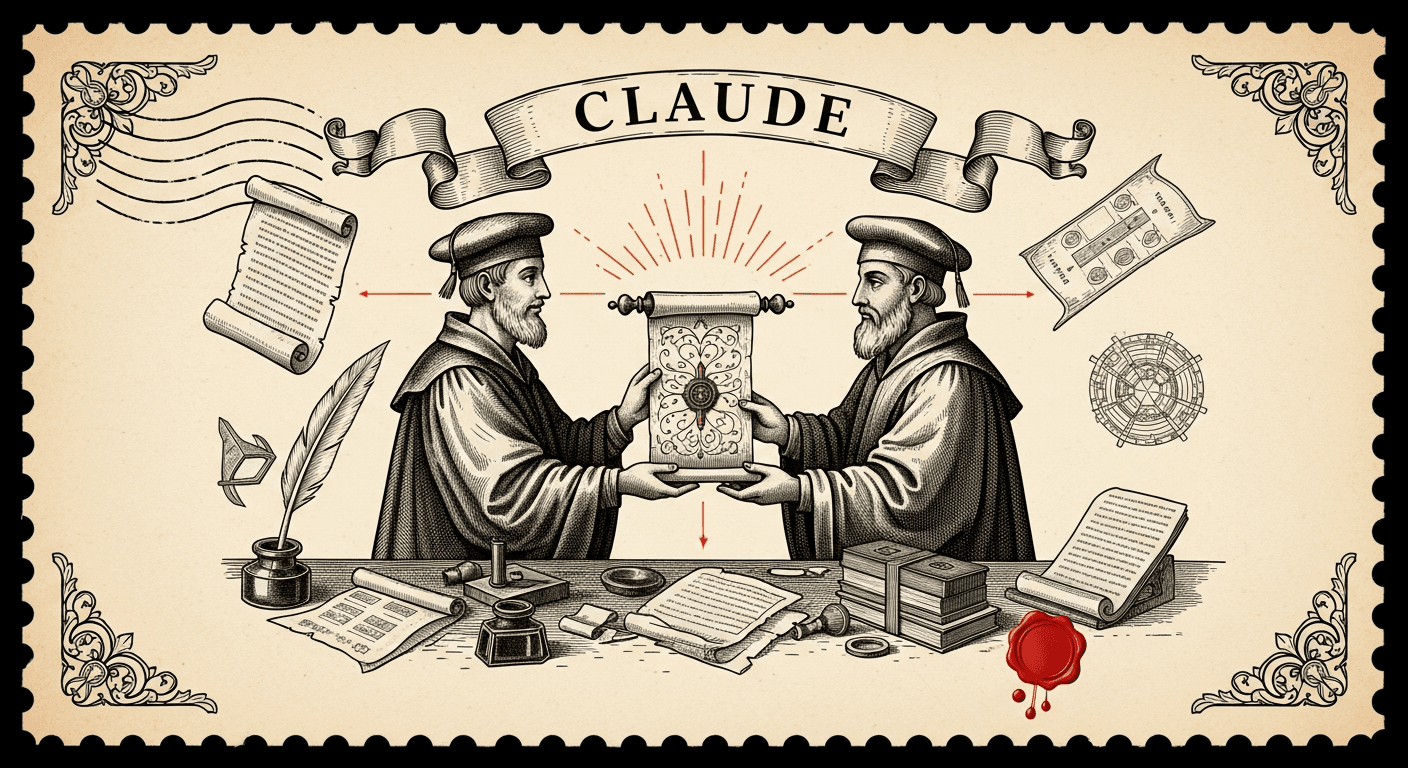 Giant Antique Postage Stamp style editorial illustration for the news article: Claude adds claude-share for secure code sharing with friends