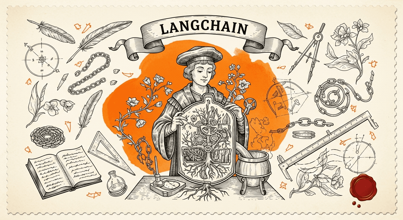 Giant Antique Postage Stamp style editorial illustration for the news article: LangChain launches Labs to research continual learning for AI agents