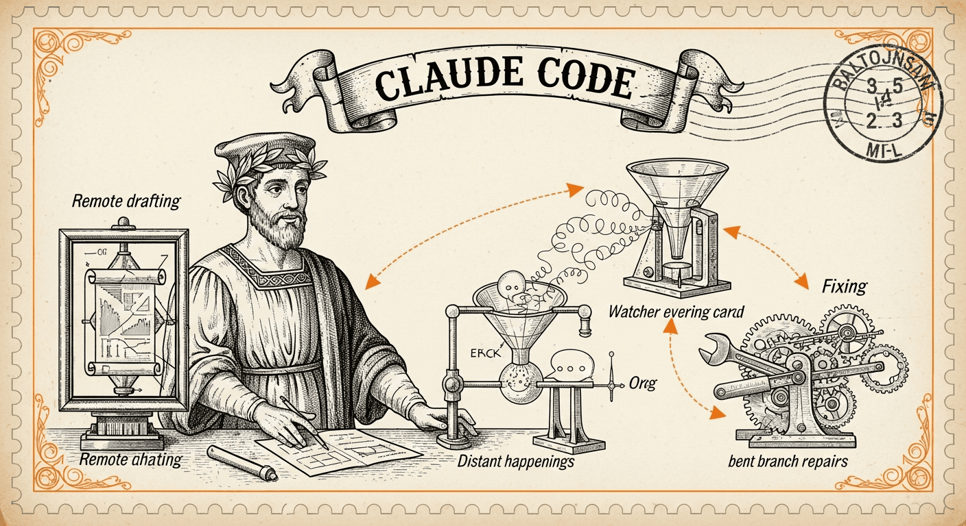 Giant Antique Postage Stamp style editorial illustration for the news article: Claude Code adds Ultraplan cloud mode, Monitor tool, PR auto-fix