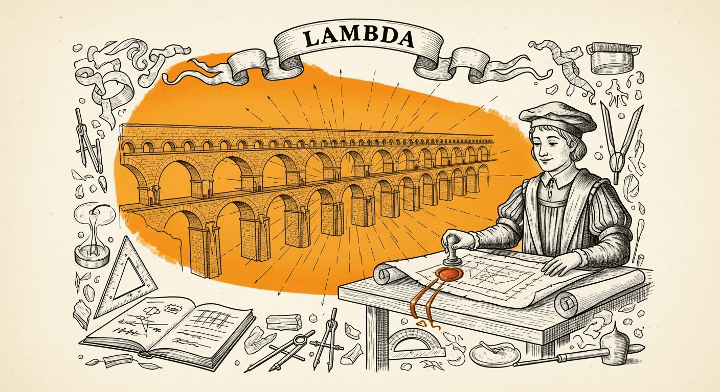 Pressed Ink Seal / Typewriter Imprint style editorial illustration for the news article: Lambda closes $1B credit facility for gigawatt-scale AI infra