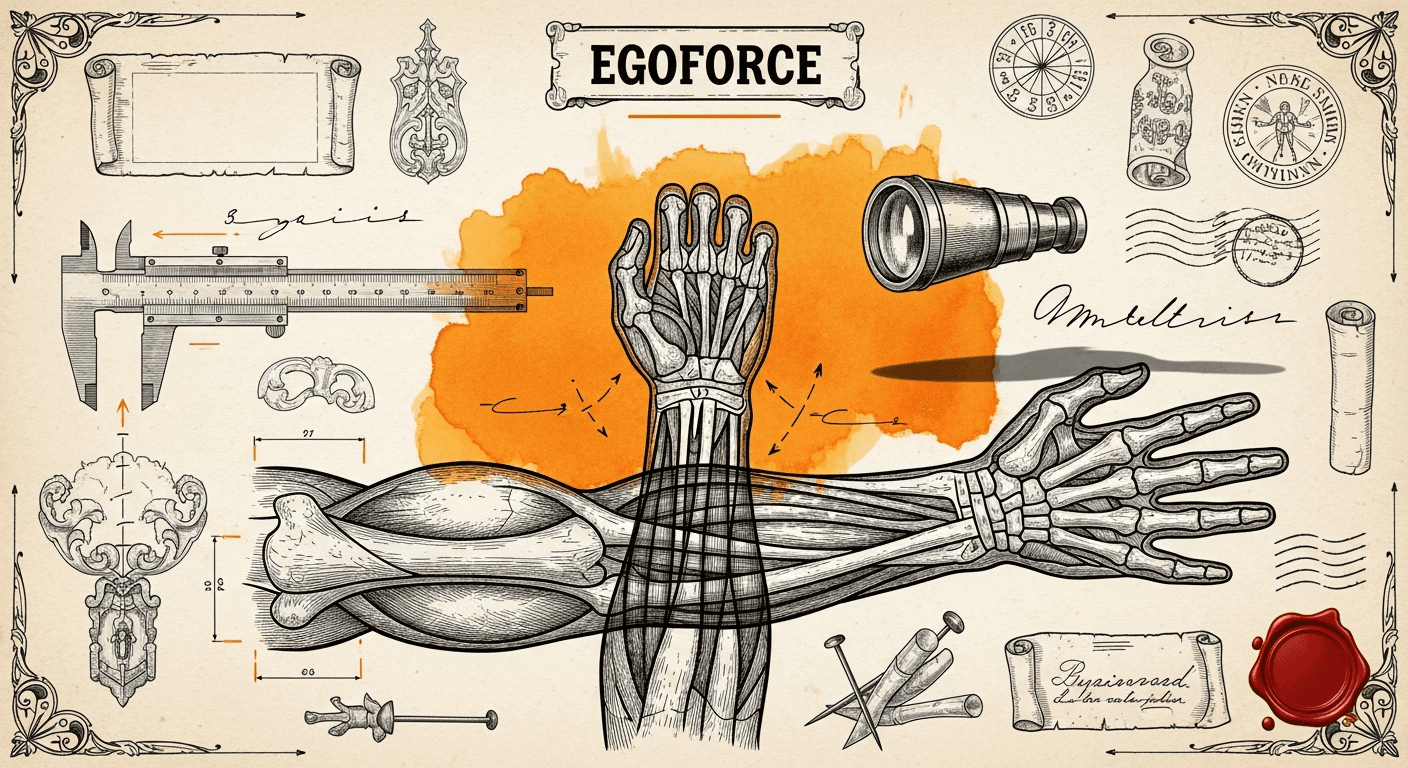 Pressed Ink Seal / Typewriter Imprint style editorial illustration for the news article: EgoForce Tracks Forearm-Guided 3D Hand Pose from Monocular Eg