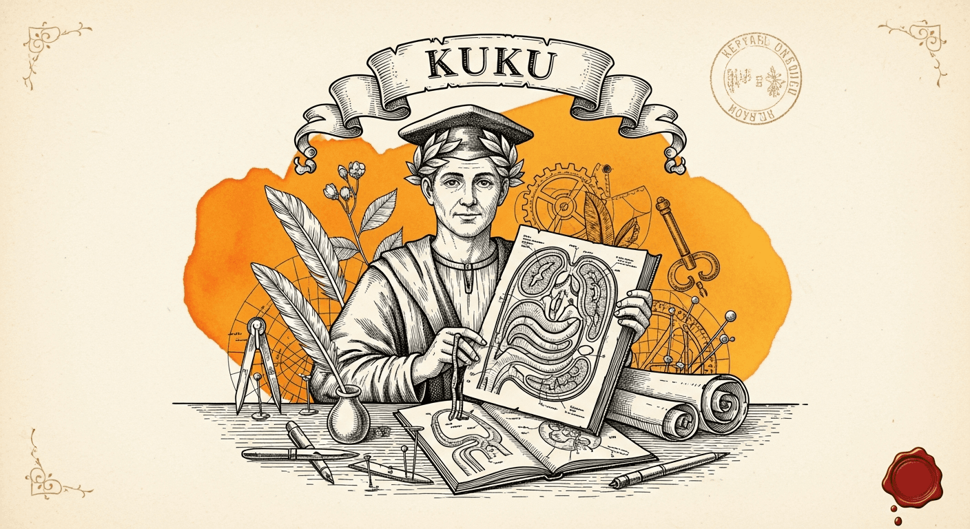 Pressed Ink Seal / Typewriter Imprint style editorial illustration for the news article: Kuku launches open-source local second brain for AI discussio