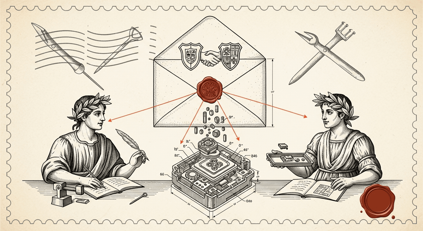 Giant Antique Postage Stamp style editorial illustration for the news article: Meta Signs Deal for Millions of Amazon AI CPUs