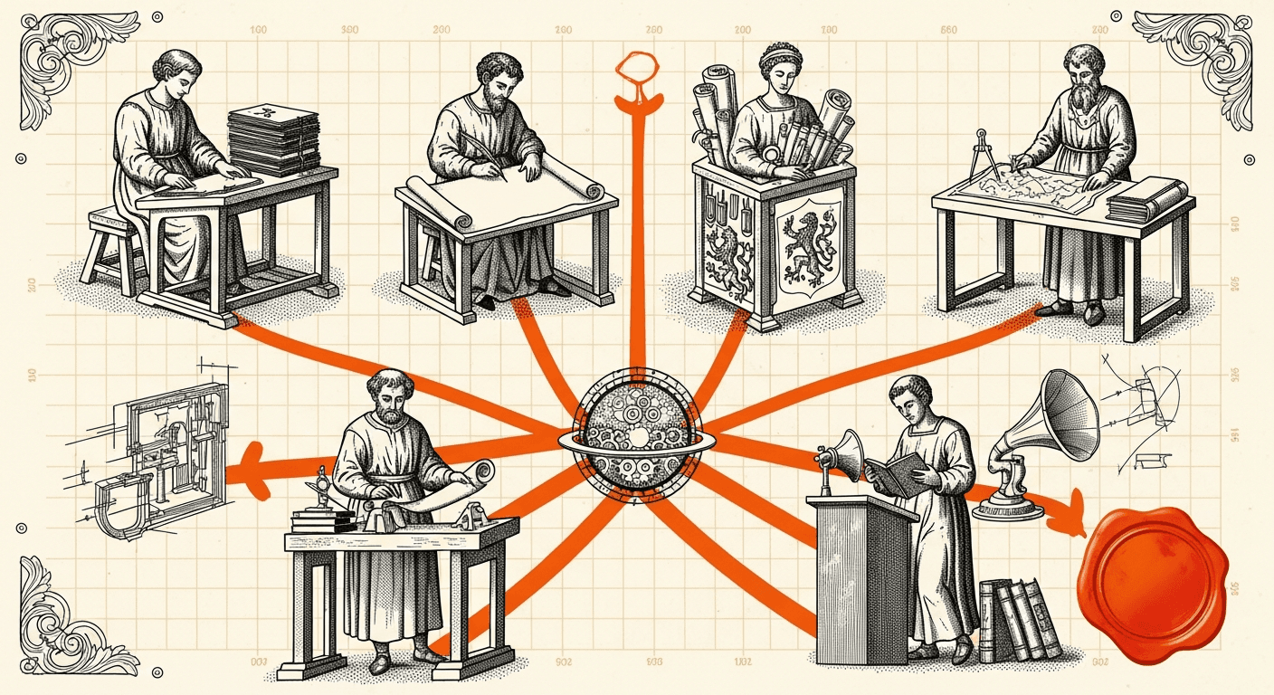 Museum Specimen Display Card style editorial illustration for the article: Marblism Review: I Tested All 6 AI Employees for a Week (Honest Results)