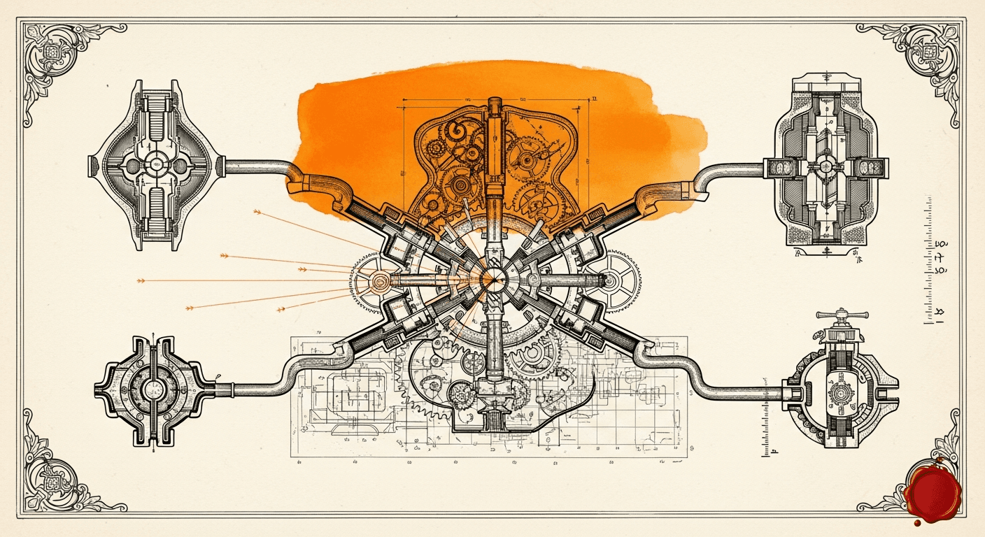 Antique Anatomical / Mechanical Diagram style editorial illustration for the news article: Cursor enterprise orgs, Claude Code Bedrock auto mode, Code