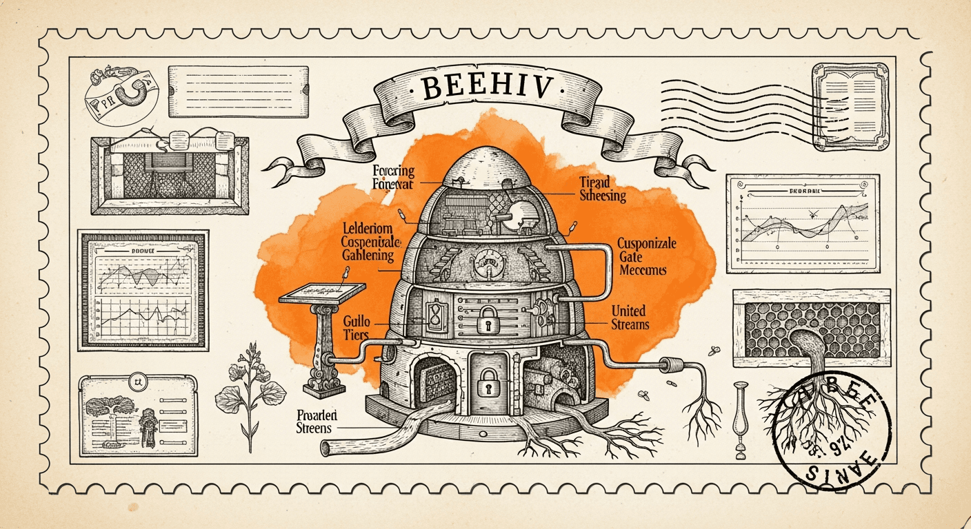 Giant Antique Postage Stamp style editorial illustration for the news article: Beehiiv launches webinars and customizable paywalls for creators