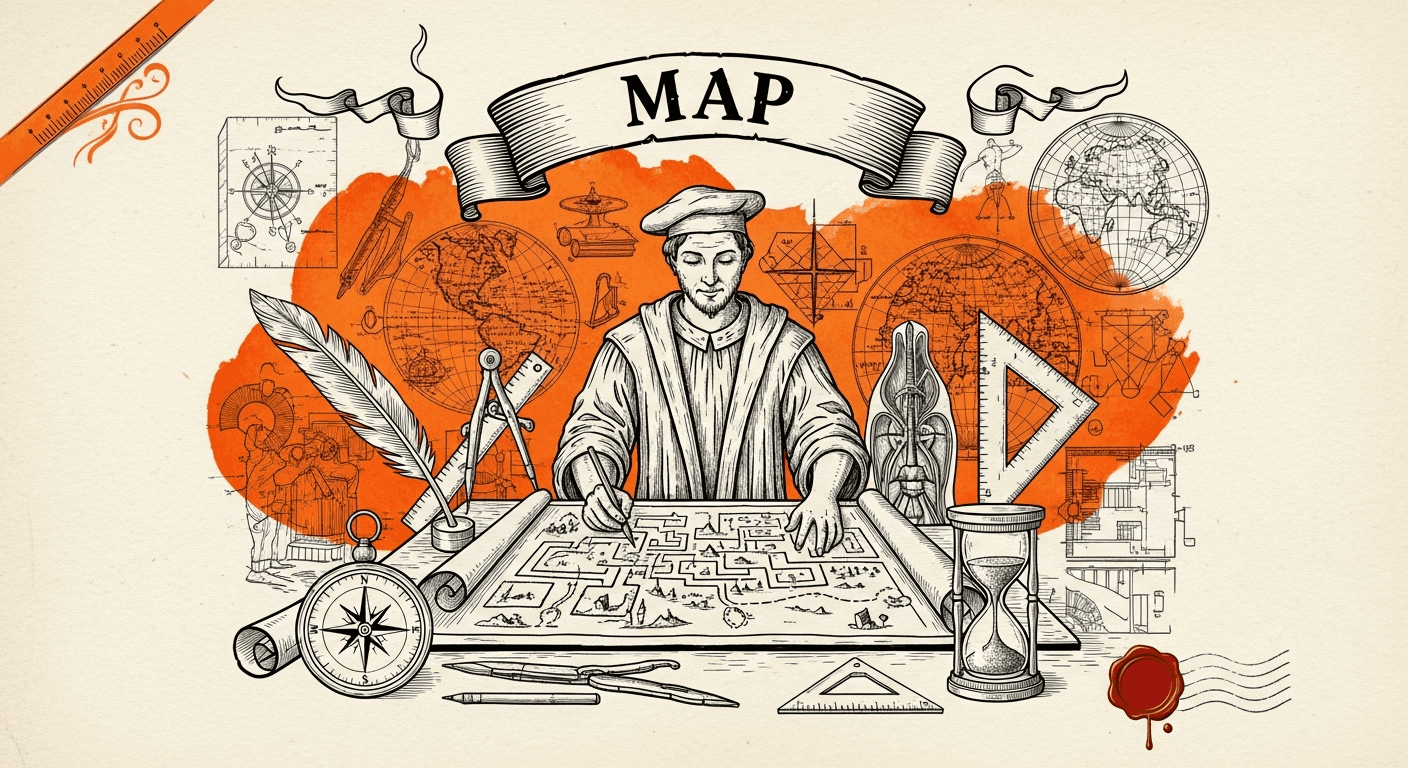 Pressed Ink Seal / Typewriter Imprint style editorial illustration for the news article: MAP: a new 'Map-then-Act' framework for long-horizon AI agent
