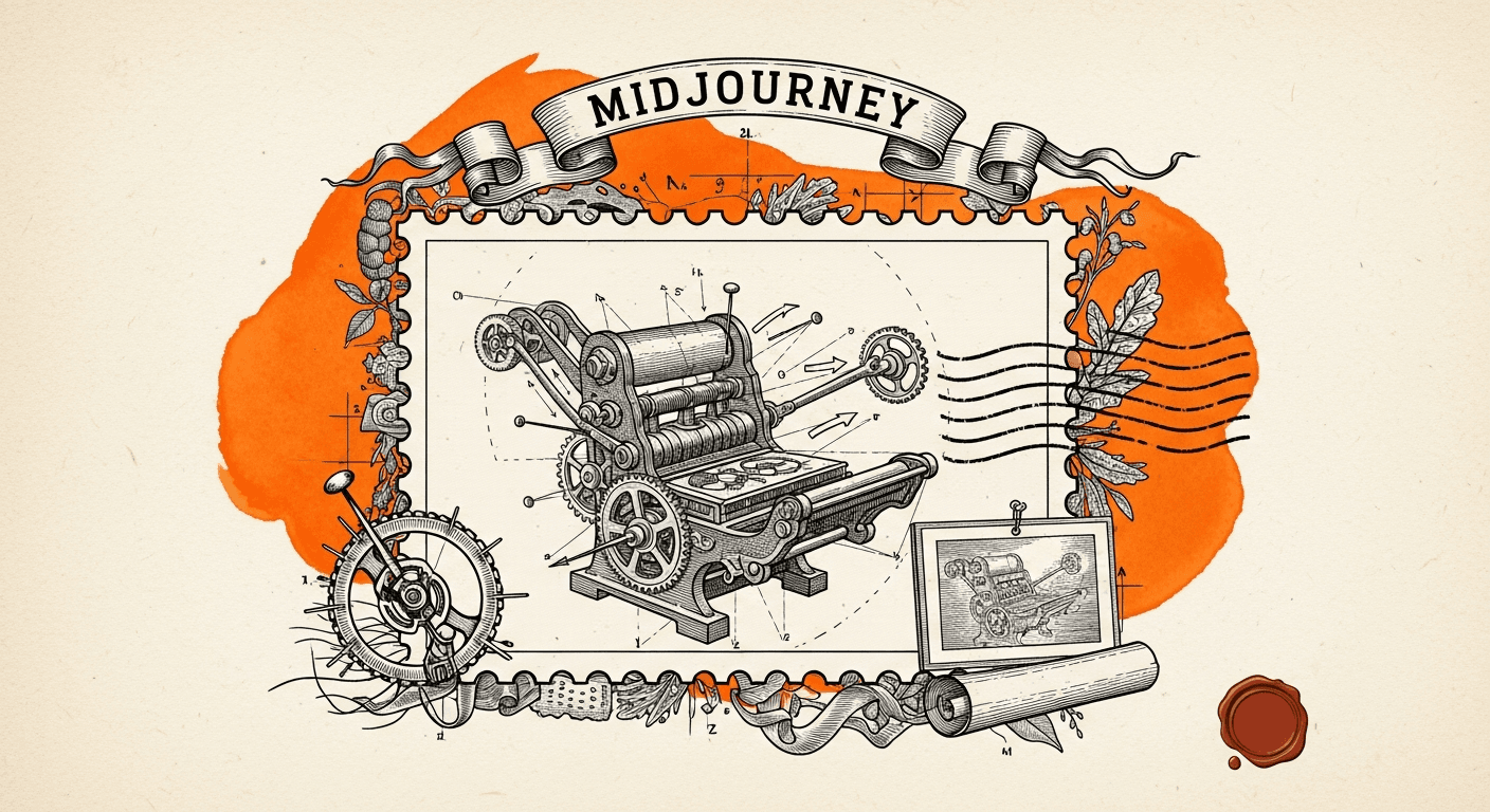 Giant Antique Postage Stamp style editorial illustration for the news article: Midjourney V8.1 delivers 3x speed, image prompts, improved Describe too