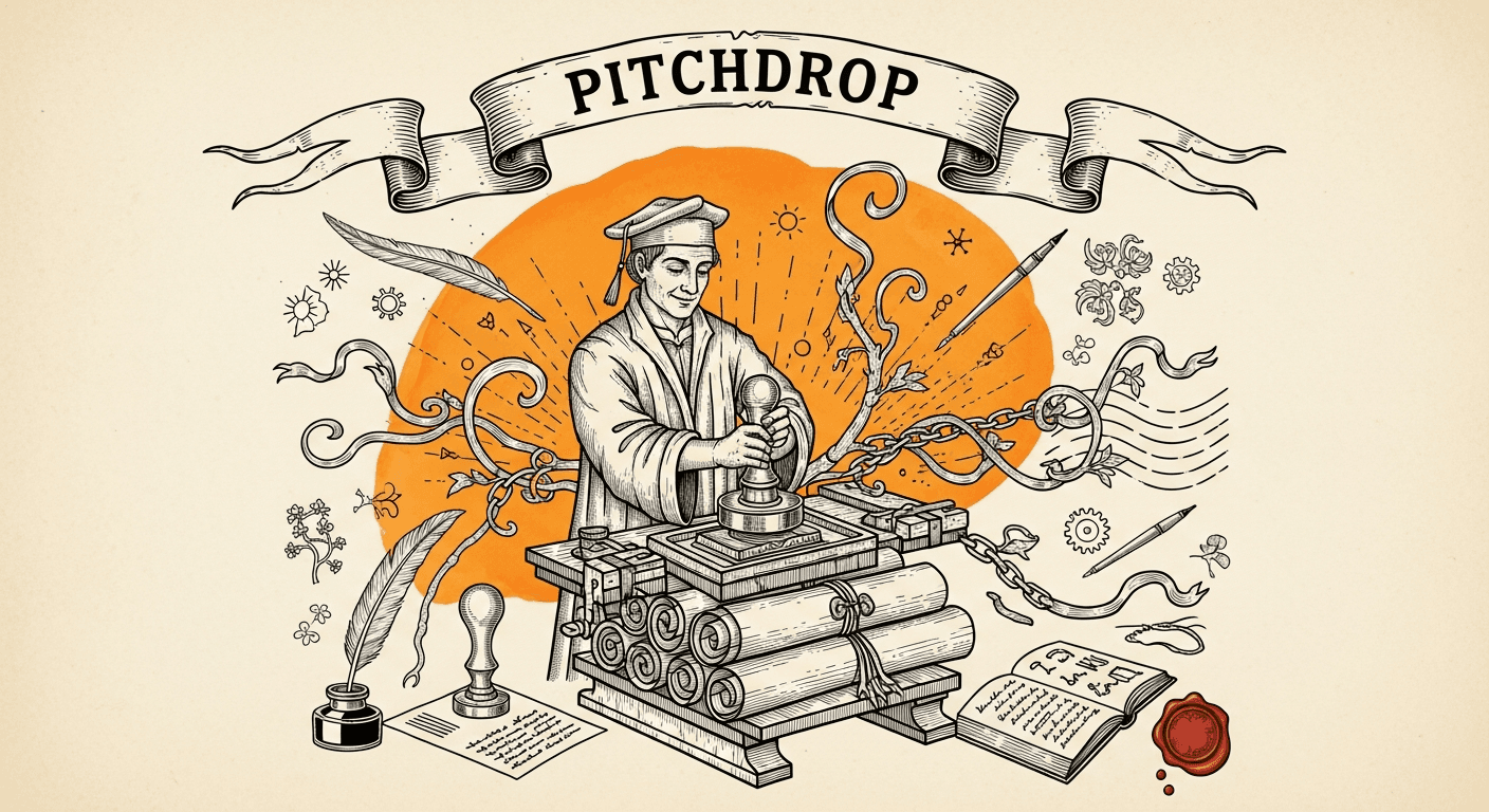 Pressed Ink Seal / Typewriter Imprint style editorial illustration for the news article: PitchDrop.ai adds a feature to turn pitches into live branded