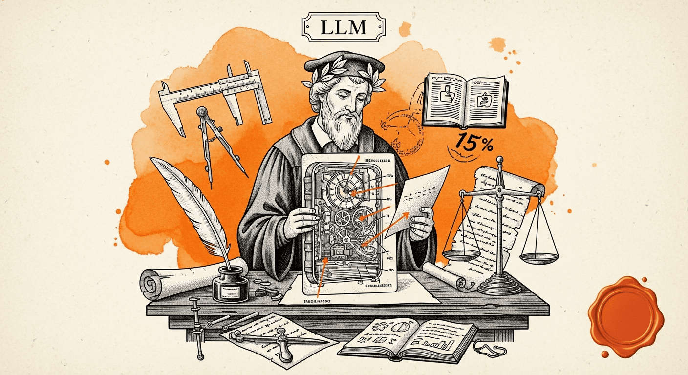 Pressed Ink Seal / Typewriter Imprint style editorial illustration for the news article: LLM library releases 0.32a0 alpha with backwards-compatible r
