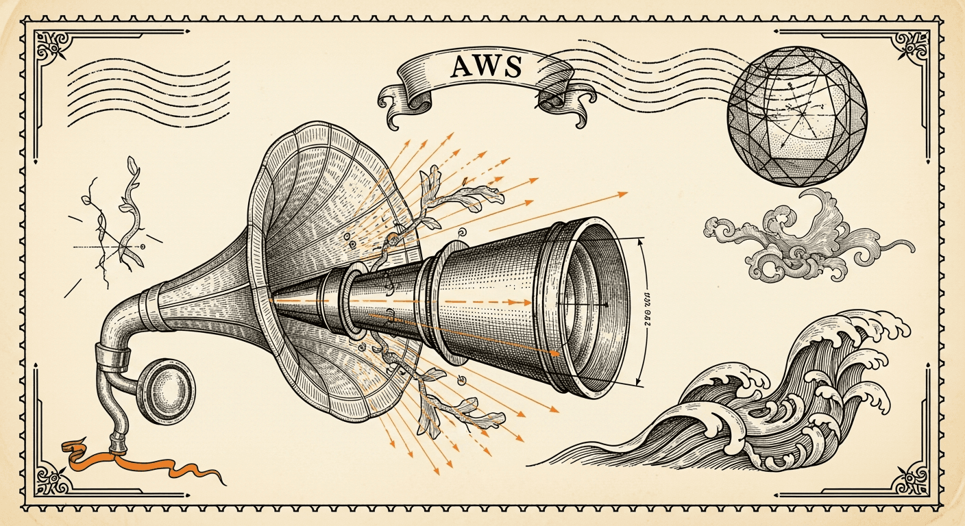 Giant Antique Postage Stamp style editorial illustration for the news article: AWS ML Blog details real-time voice agents with Stream Vision Agents an