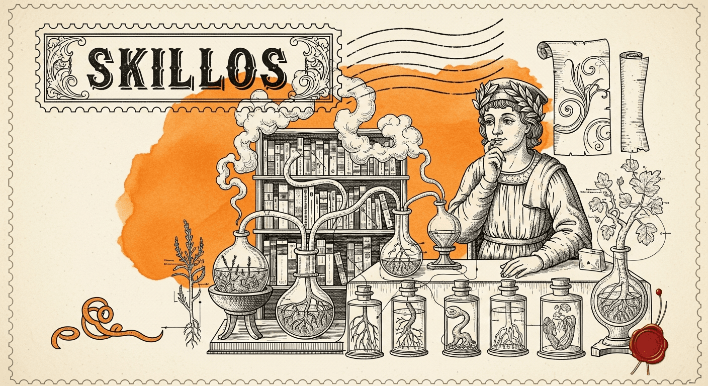 Giant Antique Postage Stamp style editorial illustration for the news article: SkillOS adds learning skill curation for self-evolving agents