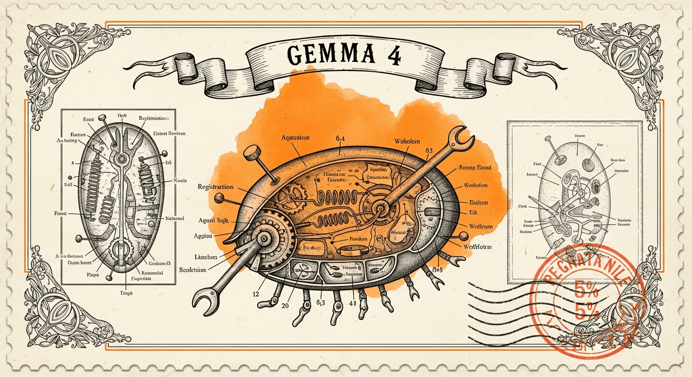 Giant Antique Postage Stamp style editorial illustration for the news article: Google releases Gemma 4 under Apache 2.0 for agentic workflows