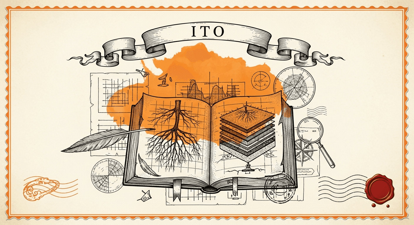 Giant Antique Postage Stamp style editorial illustration for the news article: Ito has released a free and fully open-source AI SEO auditor tool