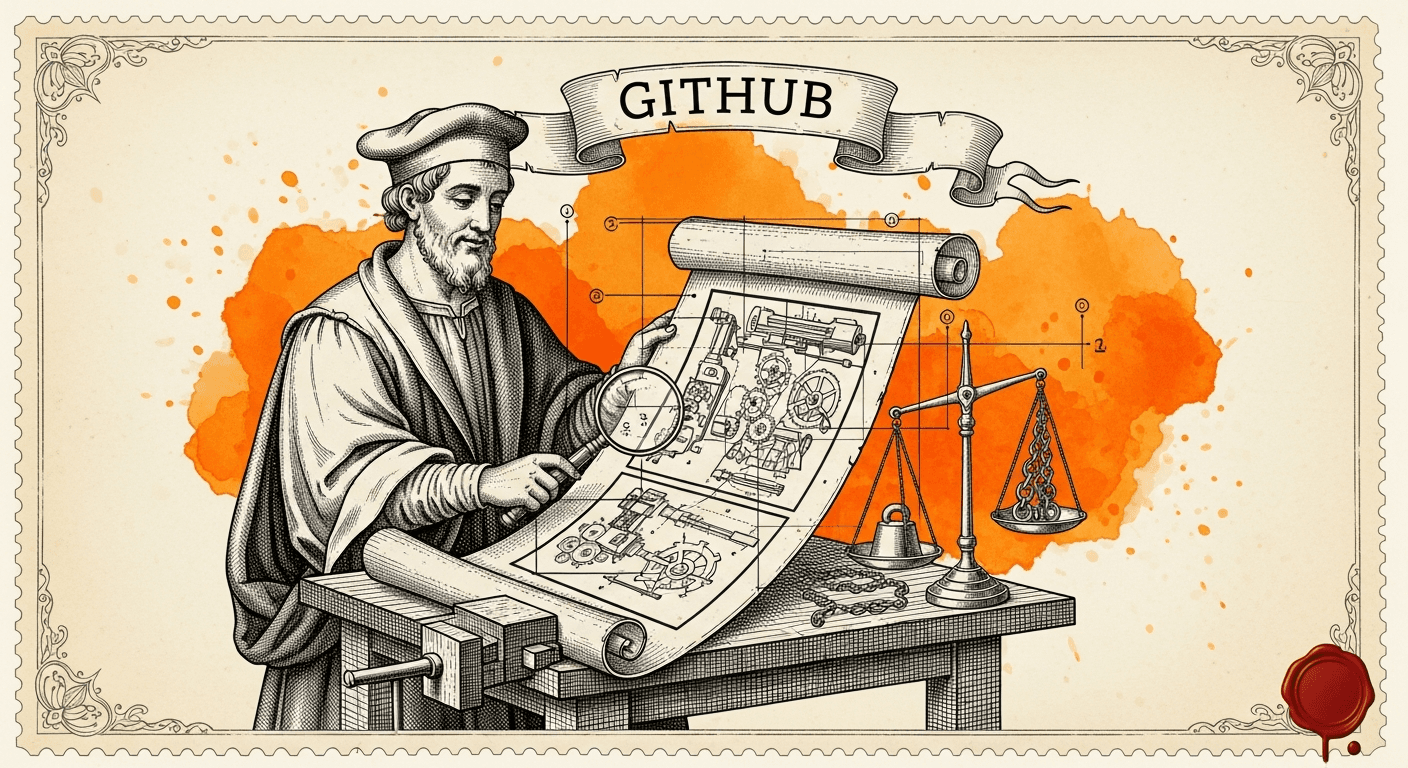 Giant Antique Postage Stamp style editorial illustration for the news article: GitHub Blog publishes guide to reviewing agent pull requests