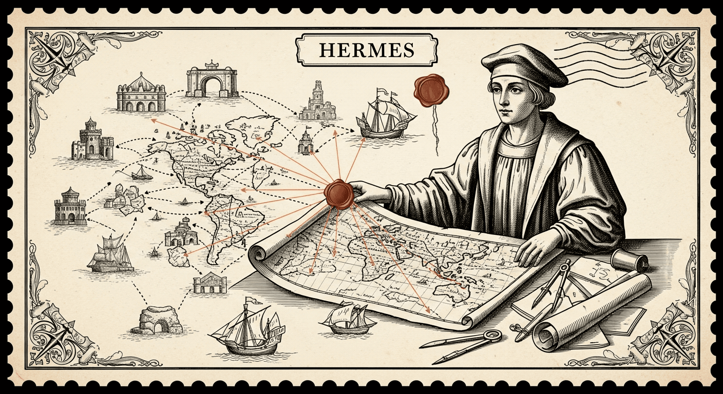 Giant Antique Postage Stamp style editorial illustration for the news article: Hermes Agent v0.9.0 Adds Web Dashboard, iMessage Support