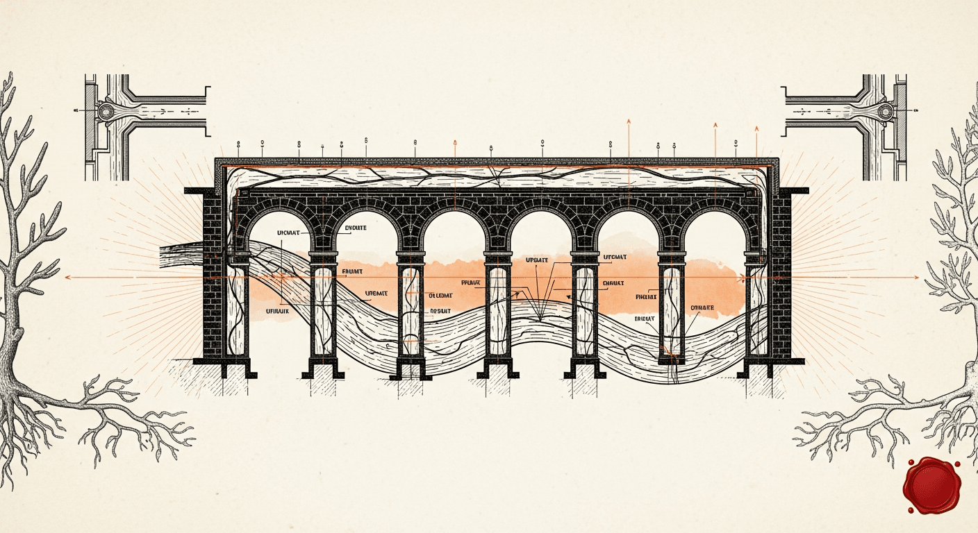 Blueprint Schematic + Renaissance Engraving Subject style editorial illustration for the news article: Codex Sites preview and iOS branches, Cursor lo