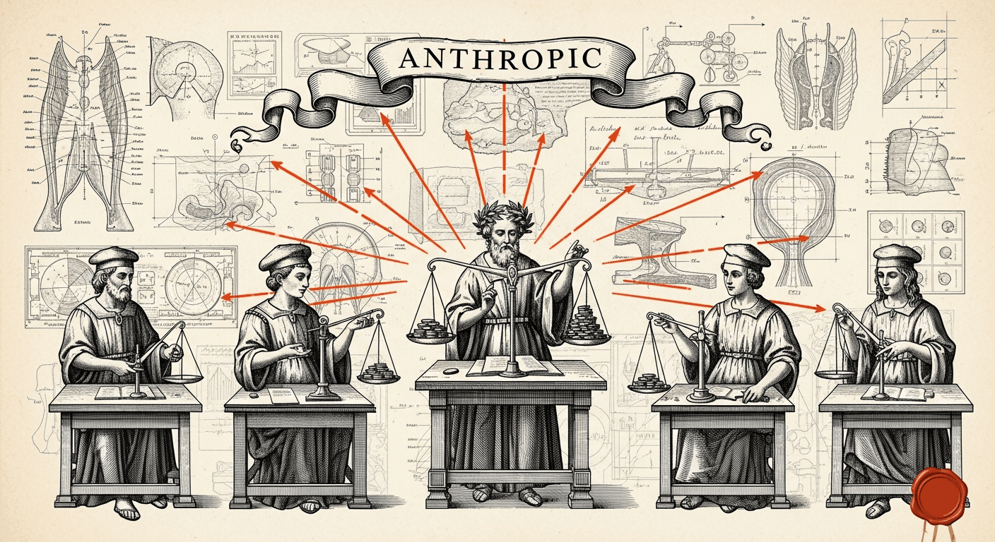 Blueprint Schematic + Renaissance Engraving Subject style editorial illustration for the news article: Anthropic finds stronger AI models secure bette