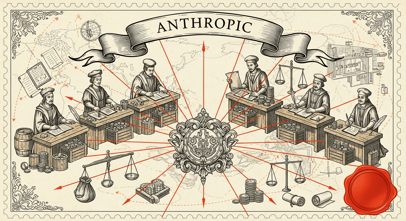 Giant Antique Postage Stamp style editorial illustration for the news article: Anthropic created test marketplace for AI agent-on-agent commerce