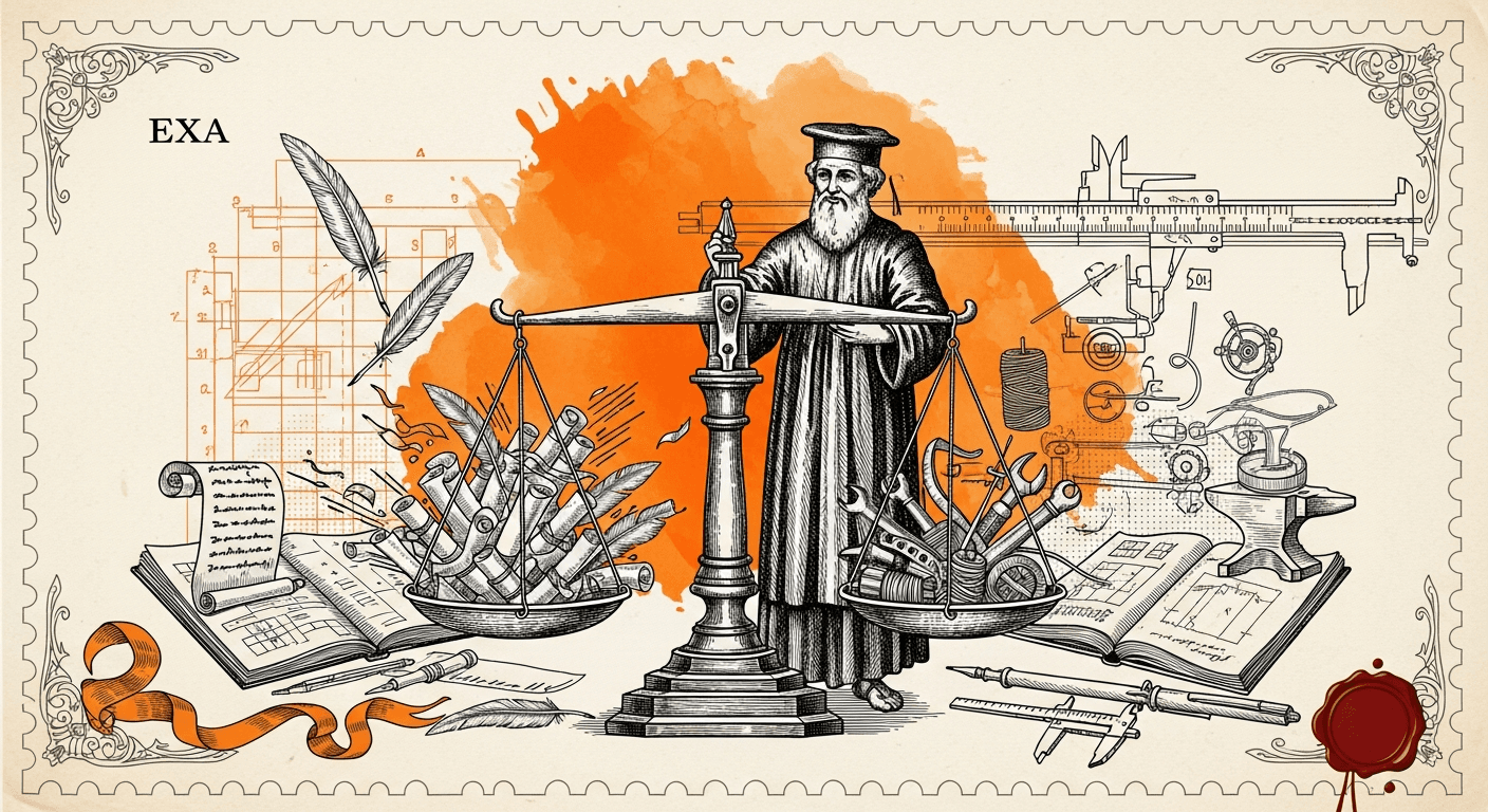 Giant Antique Postage Stamp style editorial illustration for the news article: Exa Quotes James Shore on AI Coding Maintenance Costs