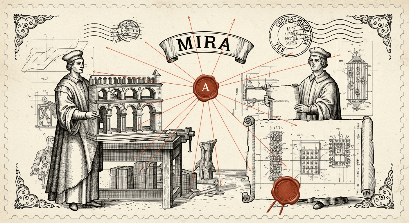 Giant Antique Postage Stamp style editorial illustration for the news article: Google signs multi-billion-dollar deal with Mira's Thinking Machines La