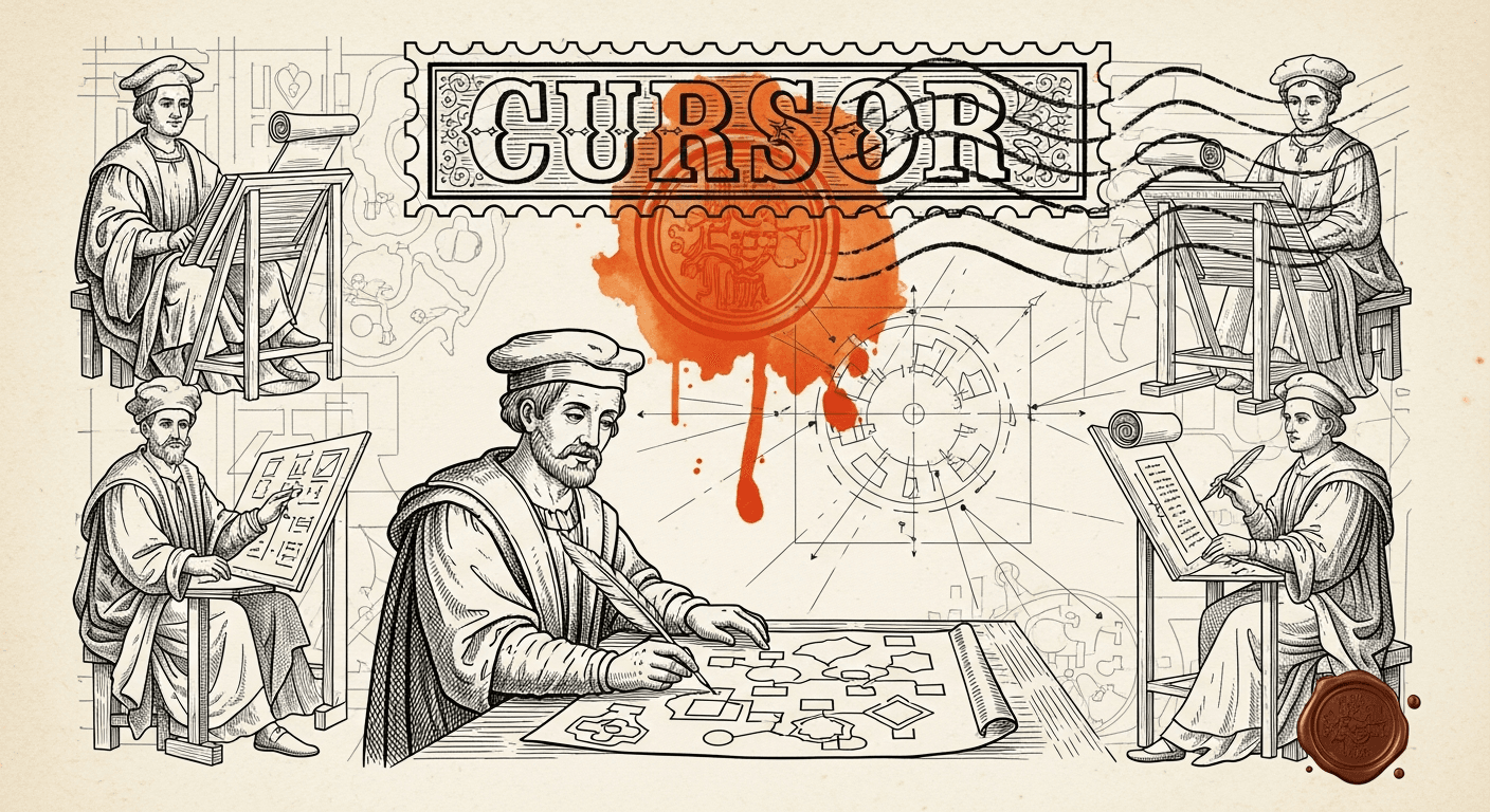 Pressed Ink Seal / Typewriter Imprint style editorial illustration for the news article: Cursor 3 Launches Agents Window, Design Mode