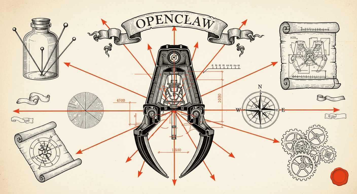 Blueprint Schematic + Renaissance Engraving Subject style editorial illustration for the news article: openclaw v2026.4.27 released: openclaw 2026.4.2