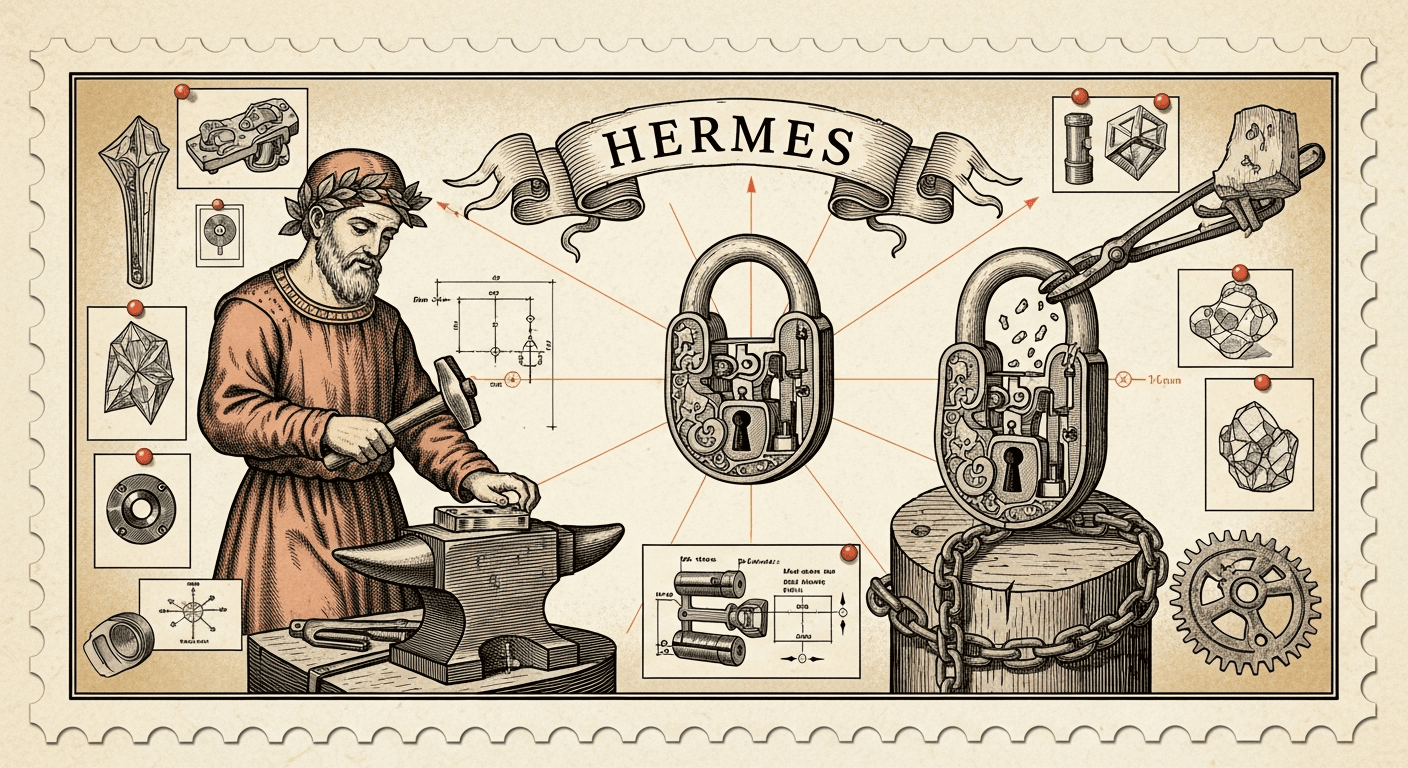 Giant Antique Postage Stamp style editorial illustration for the news article: Hermes Agent v0.5.0 Supports 400+ Models, Hardens Supply Chain